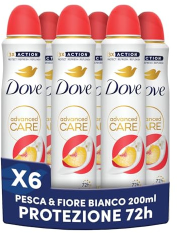 Dove Deodorante Spray Advanced Care Go Fresh Pesca, con Formula Idratante e Delicata sulla Pelle, Senza Alcol, Pelle Asciutta Fino a 72 Ore, Deodorante Uomo e Donna, 6 Pezzi da 200ml