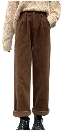 Keepink Damen Cordhose einfarbig hohe Taille gerades Bein Knöpfe Hose mit Taschen lockere lange Herbst Winter Unterteile lässig Streetwear Arbeit täglich Outfits, 07 Braun, XL