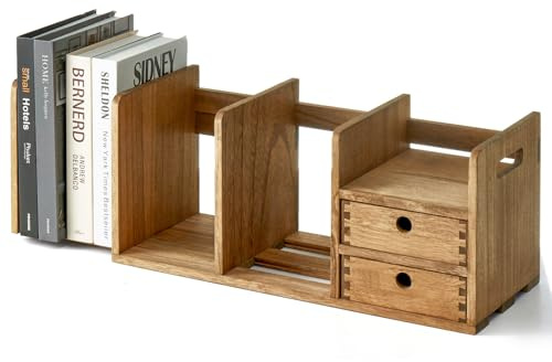 KIRIGEN Desktop Wooden Bookshelf, Expandable Book Organiser with 2 Drawers Desktop Bookcase Multifunction Storage Organizer Book Display Rack Home Office Tidy Organiser Wood Kids Bookshelf(LSJ-DBR)