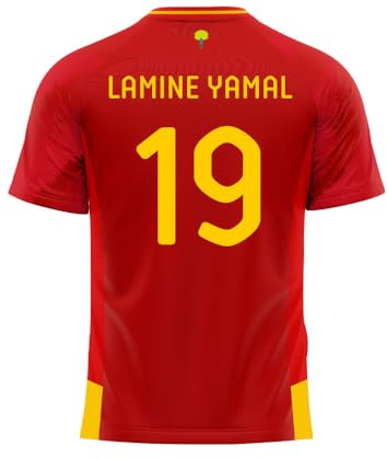 RFEF - Camiseta de Lamine Yamal Número 19 - Réplica Oficial 1ª Equipación 24/25 - Equipación Adulto - Diseño con Escudo de la Selección - Color Rojo y Amarillo - Talla L