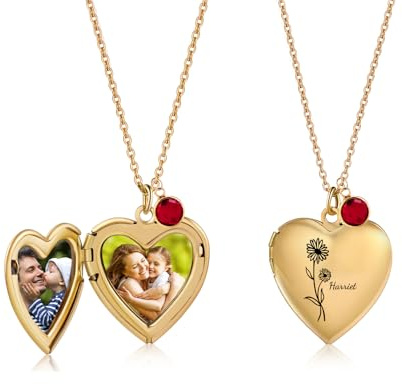 kaululu Personalisierte Foto Medaillon Halskette für Frauen Kette Damen mit Geburt Blume Namen Geburtsstein Anhänger Halskette für Mama Oma Schmuck Geschenke