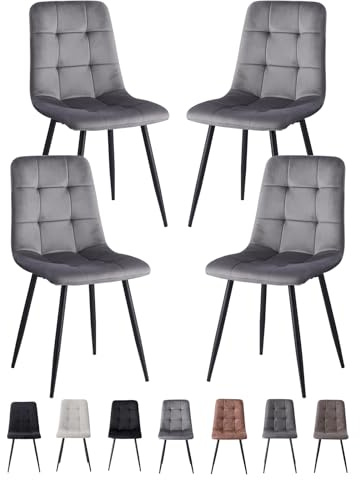 GrandCA HOME Set di 4 Sedie da Pranzo con Seduta Imbottita in Velluto, Sedie da Cucina Moderne con Gambe in Metallo, Grigio-HL