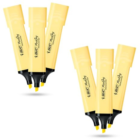 BIC Marking - Rotuladores de plástico con tinta amarilla pastel para notas suaves, resaltadores precisos, ideales para la escuela y la oficina