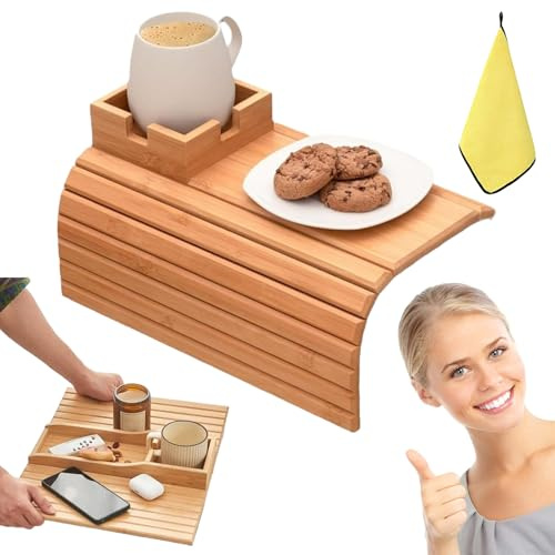 HItianya Bamboo Couch Cup Holder, Foldable Bamboo Tray with Cup Holder, Flexible and Foldable, Couch Tray Sofa Arm Cup Holder, Used to place snacks, phones, controllers, cups ect (A)