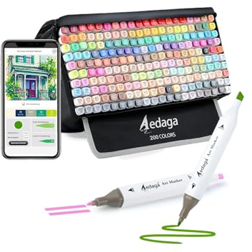 AEDAGA 200 Couleurs Feutre a Alcool avec App Marqueurs Alcool Double Pointe | Pointe Biseautée et Fine | Étui Autoportant | Twinmarkers |Non Toxique Feutres Coloriage Adulte |Peinture, Croquis et Dessin