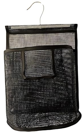 DmsGJyp Peg Bag for Washing Line, Hanging Bag with S-Shaped Hook, Bathroom Clothes Storage Basket, Mesh PVC Bath Bags for Home, Bathroom, College Dorm Rooms and Garden(Black, M)