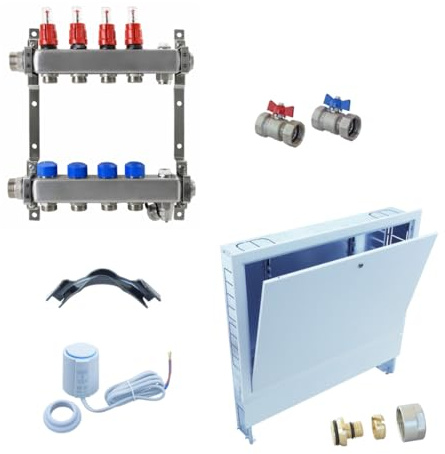 FBH Verteiler-Set ZEWO: 4 Heizkreise, Unterputz, Mit Stellantrieb, 16 x 2,0 Klemmverschraubung