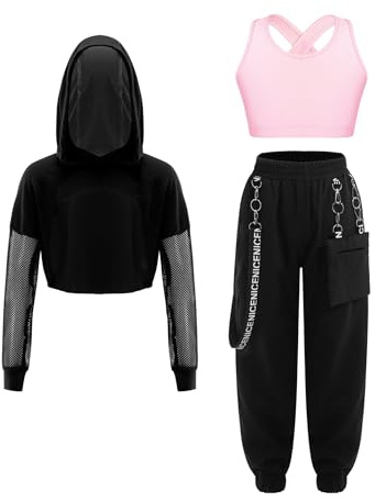 inlzdz Kinder Mädchen 3 Teiliges Hiphop Street Dance Outfit Hoodie Crop Top Jogginghose Jogger Anzug Tanz Outfit Bühnen Performance