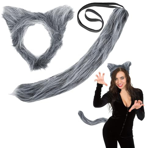 TAXTYHRE Wolf Kostüm Set, Wolf Ohren Haarreifen Schwanz, Grau Wolfkostüm Zubehör, Halloween Cosplay Kostüm, für Kinder Erwachsene Tierkostüm Cosplay Halloween Themenpartys Karneval