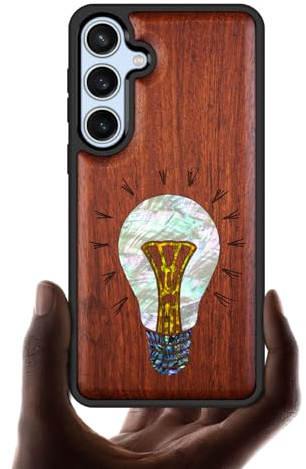 Carveit Designer Wooden Case for Samsung Galaxy S24 FE Case Cover [Wood Engraving & Shell Inlay] Compatible with Wireless Chargers S24 FE Cover (The Simple Light Bulb-Rosy)