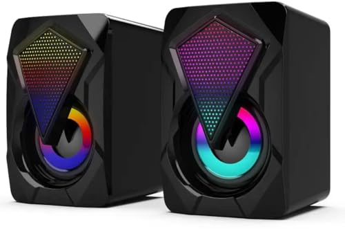 Portable, Powerful Mini Speakers for PC LaptopTablets, RGB-7 Colourful LED Lights, volume control, Stereo 2.0, USB Powered 3.5mm Aux, cord length 1.3m for Gaming/Entertainment -(Black)