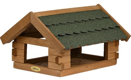 dobar® Vogelhaus Blockhaus mit Bitumendach - Vogelfutterhaus aus Holz wetterfest lasiert - Futterstation für Wildvögel stehend für Ständer - Grün
