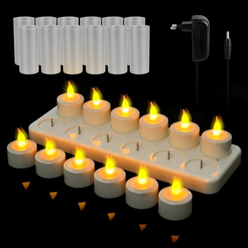 Aufladbare Teelichter mit Ladestation, 12er Wiederaufladbare LED Teelichters Kerzen Flackernde Flamme, Flammenlose Teelichter Set für Party Zimmer Wohnzimmer Halloween Weihnachten Tisch Deko