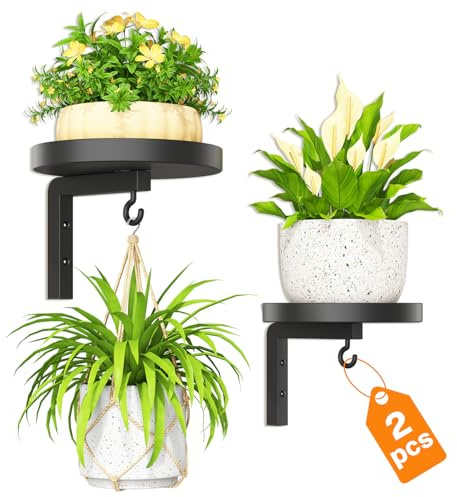 LASZOLA 2 Stück Pflanzenständer Pflanzenhalter Wand Metall mit Haken, Pflanzenregal Blumenständer Pflanzen Blumenregal Wandhalterung Indoor für Küche Badezimmer, Wandbehang Blumentopf Ständer, Schwarz