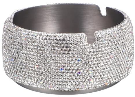Angoily Stylish Rhinestone Stainless Steel Ashtray for Cigarette Smokers, Windproof and Sturdy Design, Silver Colour, for Outdoor and Tabletop Use, Modern Home and Office Decoration
