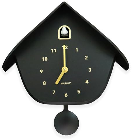 WALPLUS Schwarz Kuckucksuhr Modern mit Stundenruf Einstellbarer Lautstärke Singender Vogel Kuckucksuhr mit Lautlosem Modus Batteriebetriebene Kuckucksuhr Pendel für Wanddekoration