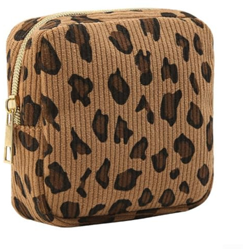 Sac de rangement épais en velours côtelé avec design discret, pochette d'hygiène de voyage pour femme, organiseur compact pour serviettes menstruelles et support de produits menstruels, (léopard)