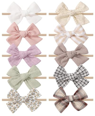 10 Piezas Diadema bebé Hecho a Mano para Niñas y Niños Pequeños con Arco de Pelo, Nylon, Algodón y Lino - Sólido + Floral Ligero
