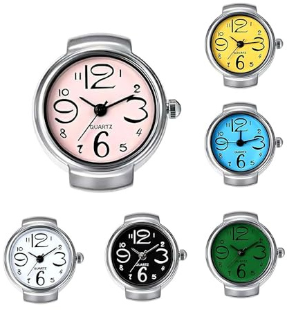 Cdycam 6Pcs Mini Finger Watch Ring Creative Elastic Strap Round Analog Quartz Finger Ring Watches with Large Arabic Numeral Dial Casual Adjustable Ring Watch Round Dial Design