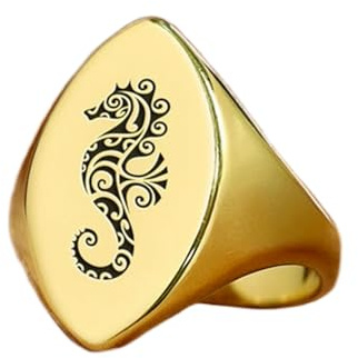 Bague hippocampe polynésien en forme de marquise | Argent sterling 925 plaqué or | Bijou cadeau, chevalière style vintage, bijou hypoallergénique fait main | WW_PDR_01175