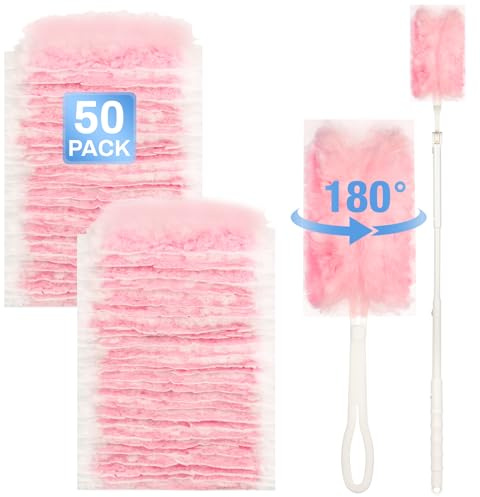 flintronic Plumero Atrapapolvo, 52 Piezas Plumero Duster con 2 Asa para Polvo, Limpiar 180 Grados para Polvo, Animales, Estantería, Muebles, Gabinete, para Swiffer, Rosa