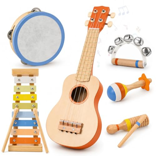 Kinder Gitarren-Set, 6-in-1 Montessori Holz-Musikinstrumente für Kleinkinder ab 2-3 Jahren, mit Ukulele, Xylophon, Tamburin & Maracas, Geburtstags Kinder ab 2 Jahren