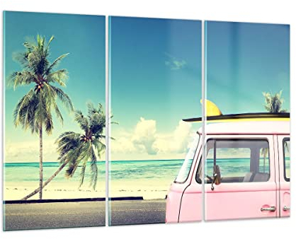 ARTTOR Mehrteilige Bilder auf Glas 165x110cm Glasbild Auto Surfbrett Strand Ozean Groß XXL Wanddeko Schlafzimmer Küche Set 3 teilige Wandbilder Dekoration Wohnzimmer Modern Wand Art GCE165x110-2835