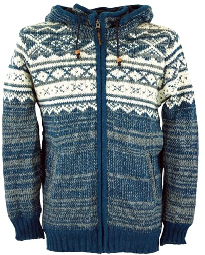 Guru-Shop, Chaqueta de Punto con Patrón de Noruega, Chaqueta de Punto, Chaqueta de Nepal, Azul, Lana, Tamaño:L, Chaquetas de Punto y Ponchos