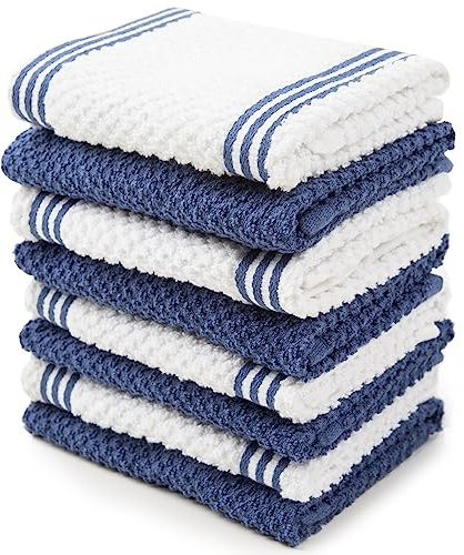 Sticky Toffee Cotton Dishcloths Set of 8 – 12x12 in Dark Blue and White Dish Towels, Reusable and Absorbent Tea Towels for Cleaning or Drying, Oeko-Tex Cotton