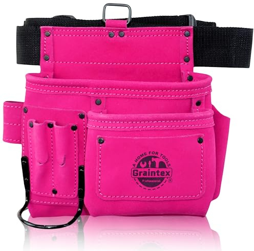 Graintex 5 Pocket Suede Leather Tool Belt/Bag | Pink | Multipurpose Leather Tool Belt for Women and Men | Construction, Electrician, Handymen, Carpenter, Gardening Pouch and DIY Projects