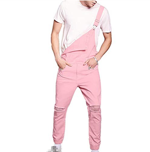 FANSU Herren Jeans Latzhose Overall, Arbeitshosen Lange Jeanshose Retro Denim Arbeitslatzhose Jumpsuit Destroyed Ripped Multifunktion Hose Arbeitskleidung (L,Rosa)