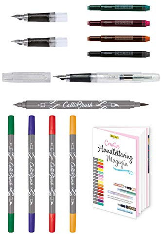 Online 54133 Lettering Set Bachelor, transparenter Füllhalter,3 auswechselbare Federn (extra fein, mittel, kalligraphie), 5 Brush-Pen mit zwei Spitzen, Handlettering Magazin, bunte Tintenpatronen