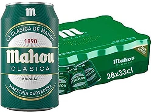 Mahou Clásica, Pack 28 Latas x 33cl, Cerveza Dorada Lager, Auténtica Cerveza Mahou Con Sabor Suave, Refrescante y Con Espuma Consistente, 4.8% Vol. Alcohol