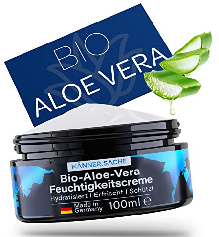 BIO-Aloe-Vera Feuchtigkeitscreme Gesicht Männer & After Shave Herren - riesige 100ml Made in Germany - Gesichtspflege vegan, Gesichtscreme Männer - Hyaluron, Panthenol, Silber, Geschenke für Männer