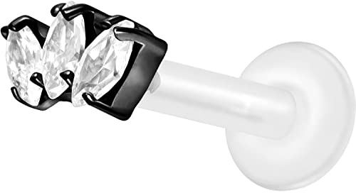 PIERCINGLINE PTFE Labret mit Gewinde TITAN AUFSATZ 3 Kristalltropfen Piercing Lippe Nase Ohr Helix Schwarz 1,2 x 6 mm