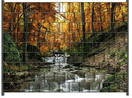 Wallario Zaun Sichtschutz Windschutz für EIN- und Doppelstabmattenzäune in der Größe Breite 2,50m x Höhe 1,80m, Motiv: Kleiner Bach über Steine im Herbstwald