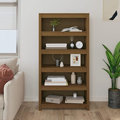 WIFESE Bücherregal 80x35x154 cm mit 5 Fächern Lagerregal Regale Holzregal Standregal Aufbewahrungsregal Bookshelf Bücherschrank Regal Holz für Schlafzimmer Arbeitszimmer Honigbraun Massivholz Kiefer