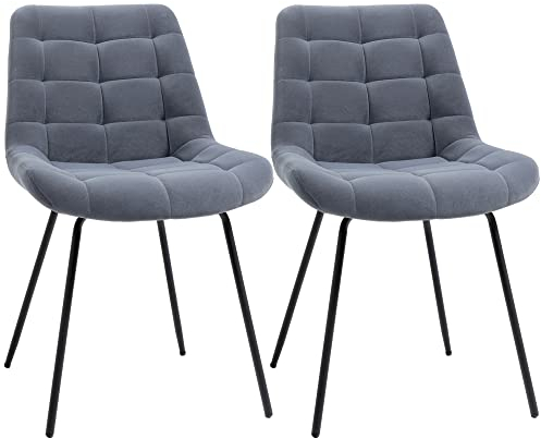 HOMCOM 2er Set Esszimmerstuhl Küchenstuhl Polsterstuhl mit Rückenlehne, Sitzbezug aus Samt, für Wohnzimmer, im Retrodesign, Stahlbeine, Grau 50 x 61 x 79 cm