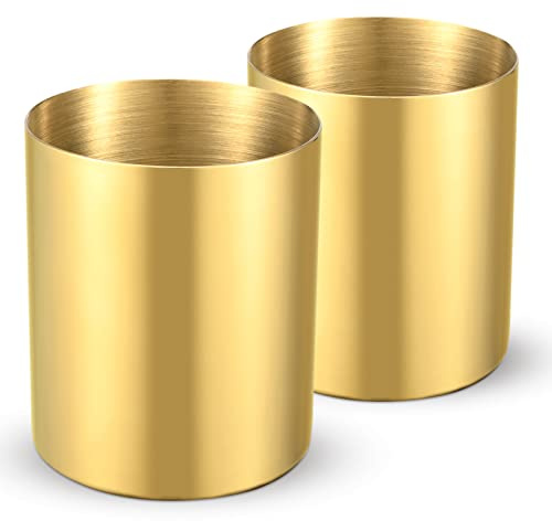 Bidponds 2 Packs Gold Round Stainless Steel Pen Holder,Pencil Cup Desktop Stationery Organizer,Vacuum Plating Makeup Brush Holder