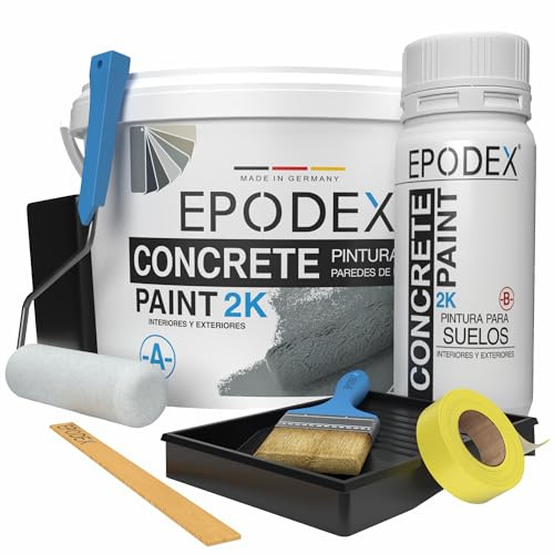 EPODEX Pintura para hormigón 2K con accesorios, 3,6kg - Gris oliva | Pintura epóxica para suelos, Resina epoxi para suelo, Impermeable, Sótano, garaje, taller, Interior - 9m² con 2 capas