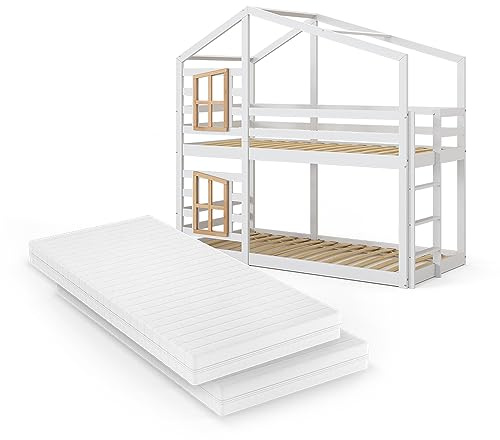 VitaliSpa Etagenbett Maja, Weiß, 90x200 cm mit 2 Matratzen, mit Fenster und Leiter für Zwei Schlafplätze