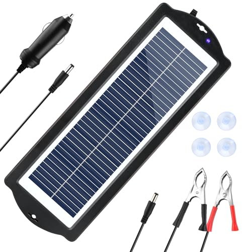 5W 12V Solar Car Battery Charger & Maintainer, Portable Waterproof Solar Panel Trickle Charging Kit for Car, Automotive, Motorcycle, Boat, Marine, RV, Trailer, Powersports, Snowmobile, etc.
