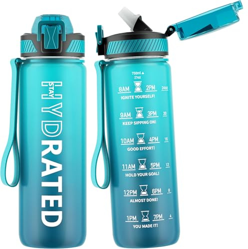 QLUR Trinkflasche 750ML, BPA-Frei Tritan Wasserflasche mit Strohhalm, Trinkflasche Sport Auslaufsicher mit Zeitmarkierung und Bürste, Sportflasche für Fitness, Schule, Blau Meer (1 Flasche)