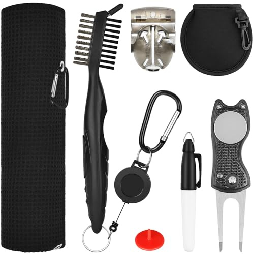 flintronic Golf Zubehör Kits, Mikrofaser Golf Handtuch, einziehbare Golfschläger Reinigungsbürste, Faltbare Golf Pitchgabel Set, Golfball-Linien-Zeichnungsmarkierungs-Kits, Golf Tees