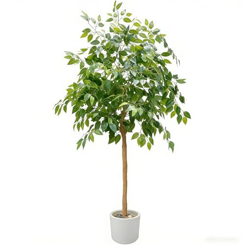 Artificial Ficus Tree, 6Ft Tall Fake Ficus Plant with White Pot, Green Silk Tree with Adjustable Realistic Branches and Leaves,Green All Season Long ，Faux Plant for Indoor Outdoor& House Decor