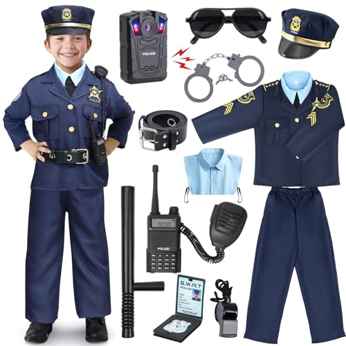 G.C Kids Police Costume Boys Cop Costumes Accessories Shoulder Light Hat Belt Recorder Girls Police Officer Gear Halloween Career Day Gifts (XS(3-4T))