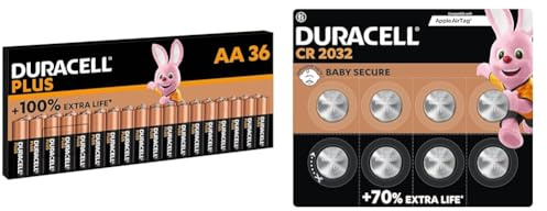 Duracell Batterie Plus AA (pacco da 36) - Alcalina 1.5V - Fino al 100% di extra durata & Batterie a moneta al litio da 3 V Duracell CR2032 (confezione da 8)