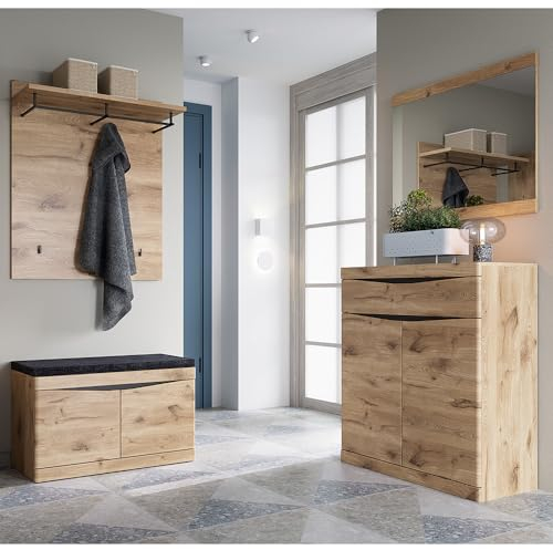 Lomadox Garderoben Set 4-teilig Garderobenschrank Garderobe mit Garderobenpaneel Schuhschrank Kommode Spiegel modern in Eiche