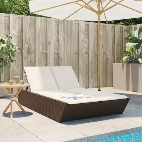 Festnight Doppelliege Outdoor 2 Personen Doppel Sonnenliege Rattan Rattanliege Gartenliege Sonnenbett Loungebett Gartenbett mit Auflage Liege Outdoor Liegestuhl Garten