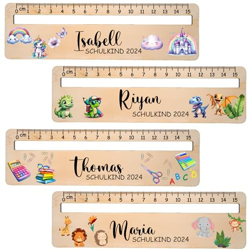 Personalisiertes Lesehilfe mit Lineal aus Holz - 15 cm Lineal mit Namen & süßen Motiven wie Dino, Bär - Geschenk zur Einschulung 2026 für Jungen & Mädchen - Schultüten-Füllung, Schulanfang (Farbig)